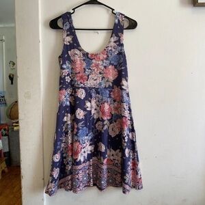 Angie Floral Scoop-Neck Midi Dress in Navy with Pink and Blue Flowers